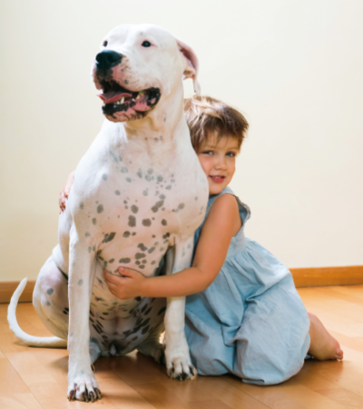 Barnet kramar en stor hund